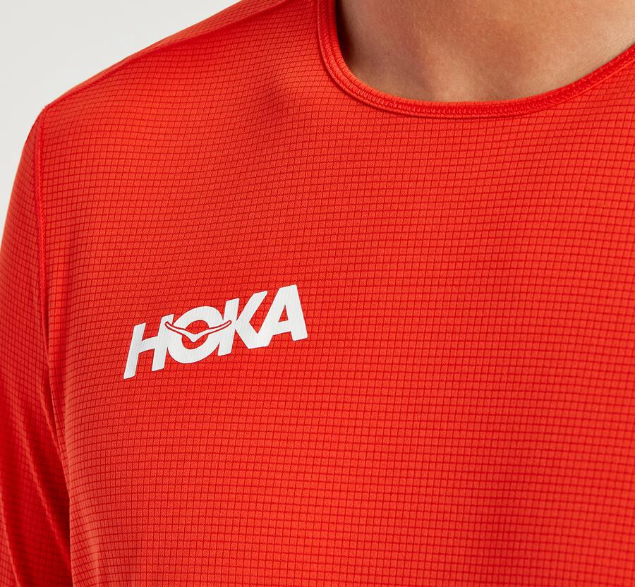 Hoka Australia One One Performance Short Sleeve - Mens Tops Red - ZUDKV-3970